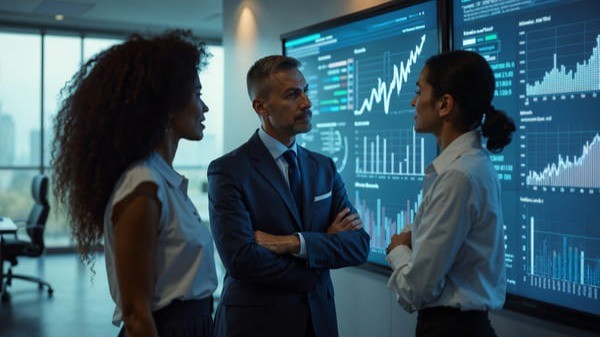Três profissionais analisando gráficos financeiros em tela grande, simbolizando a gestão de investimentos dos RPPS e a relação entre mercado financeiro, economia e previdência pública.