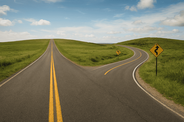 Bifurcação em estrada com um caminho reto e outro sinuoso, representando as duas formas de pensar descritas no livro Rápido e Devagar, de Daniel Kahneman.