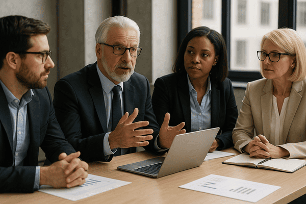 Comitê de investimentos do RPPS em reunião; gestor expõe enquanto equipe analisa relatórios e laptop sobre alocação de ativos, liquidez e riscos.