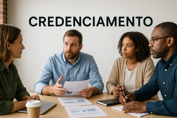 Quatro profissionais em reunião discutindo documentos e gráficos sobre credenciamento, sentados ao redor de uma mesa em ambiente corporativo.