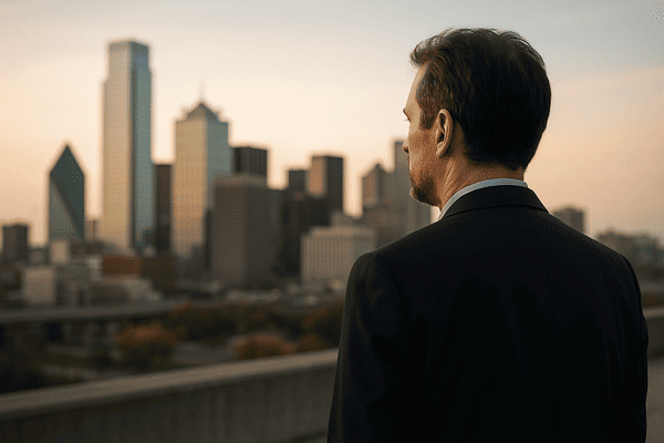 Pessoa de costas observando uma cidade ao entardecer, em imagem fotográfica wide, simbolizando reflexão sobre o passado e o futuro.