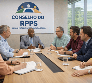 Reunião do Conselho do RPPS com sete pessoas sentadas em torno de uma mesa, discutindo documentos em ambiente institucional.