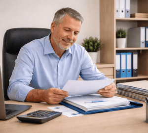 Dirigente de RPPS sentado à mesa analisando documentos, em ambiente de escritório organizado.