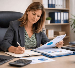 Dirigente de RPPS analisando relatórios financeiros e anotando informações em mesa de trabalho.