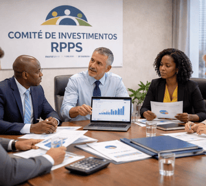 Membros do comitê de investimentos reunidos em sala de prefeitura, analisando documentos e gráficos financeiros sobre uma mesa.