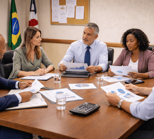 Membros do comitê de investimentos reunidos em sala de prefeitura, analisando documentos e gráficos financeiros sobre uma mesa.