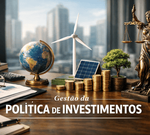 Mesa de trabalho com documentos financeiros, moedas empilhadas, miniatura de turbina e painel solar, globo terrestre e estátua da Justiça, simbolizando equilíbrio, sustentabilidade e governança na gestão de investimentos.