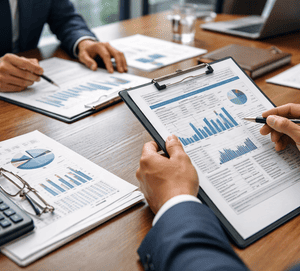 Profissionais em uma mesa de reunião analisam gráficos e relatórios financeiros, com calculadora, óculos e documentos distribuídos, ilustrando estudo e tomada de decisão técnica.