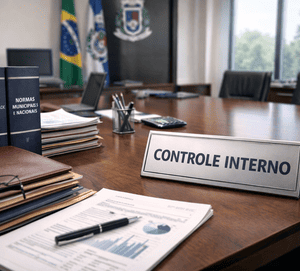 Sala de reunião institucional com placa “Controle Interno” sobre mesa de madeira, cercada por livros de normas, pilhas de processos, calculadora e bandeiras ao fundo.