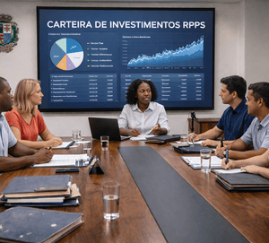 Reunião de comitê do RPPS com homens e mulheres de diferentes etnias discutindo a carteira de investimentos, em uma sala com tela expositiva, mesa de madeira e bandeira do Brasil ao fundo.