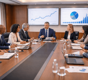 Reunião de comitê de investimentos com diversos profissionais sentados à mesa de um boardroom moderno, analisando gráficos e relatórios apresentados em telas.