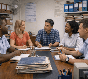Grupo diverso de profissionais, vestindo roupas casuais, reunidos em uma pequena sala de prefeitura com arquivos, prateleiras e pastas, discutindo documentos sobre uma mesa de madeira.