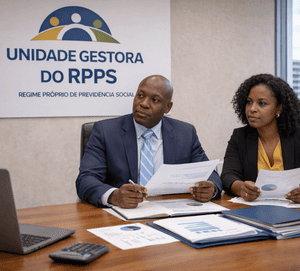 Dirigente homem e dirigente mulher analisando documentos em sala institucional da Unidade Gestora do RPPS.