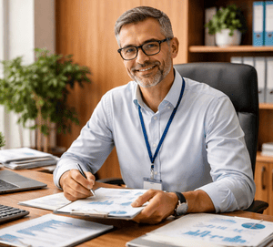 Gestor de RPPS de pequeno porte analisando documentos previdenciários em ambiente administrativo, com notebook e relatórios financeiros.