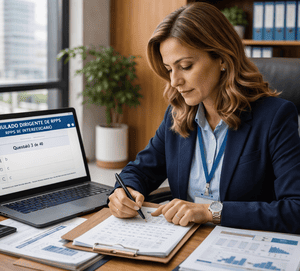Dirigente de RPPS de médio porte realizando simulado de certificação profissional em ambiente administrativo, com notebook e documentos previdenciários.