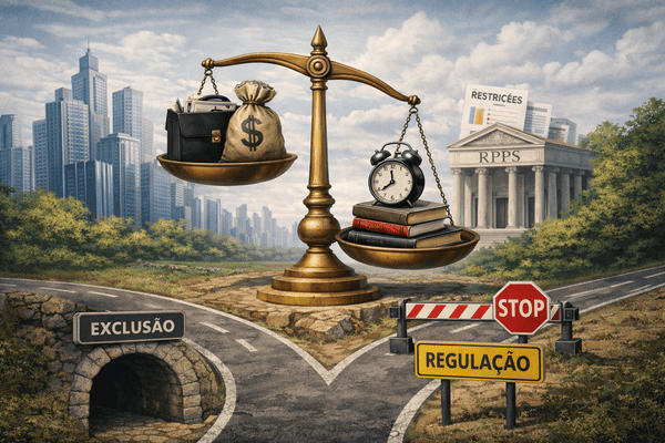 Balança desequilibrada entre interesses financeiros e a governança dos RPPS, simbolizando regulação excessiva, exclusão institucional e impactos desiguais das normas sobre a previdência pública.