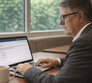 Homem de meia idade, sentado de lado diante de um notebook, realizando um simulado online em um ambiente silencioso, com uma xícara de café sobre a mesa.