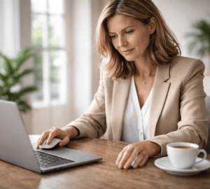Mulher de aproximadamente 45 anos utilizando um notebook em um ambiente silencioso, com uma xícara de café ao lado, concentrada na realização de um exame online.