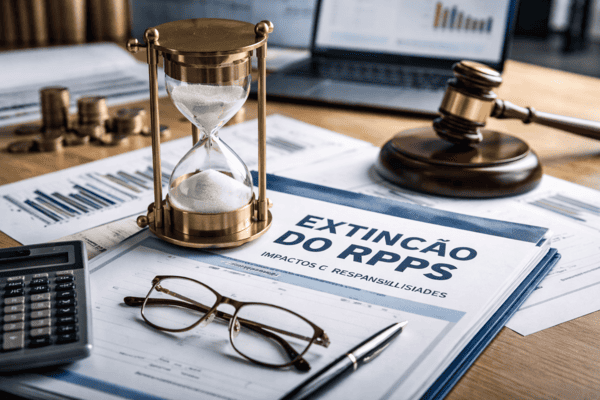 Mesa de trabalho com documentos sobre extinção do RPPS, ampulheta, calculadora e símbolos de decisão jurídica e financeira.