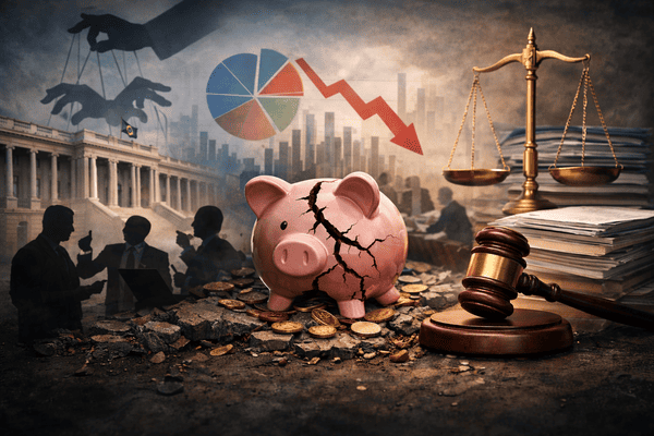 Imagem realista simbolizando a ingerência política nos investimentos dos RPPS, com cofre quebrado, moedas dispersas, documentos jurídicos e elementos que remetem à pressão política e à responsabilização legal.