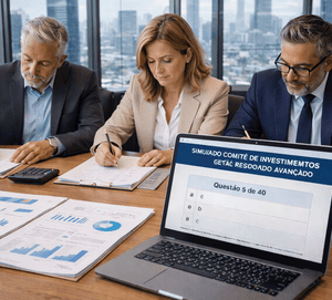 Gestores experientes e membros do comitê de investimentos realizando simulado avançado de certificação em ambiente corporativo estratégico.