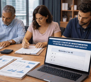 Profissionais em ambiente administrativo simples realizando simulado de certificação para gestão de recursos e comitê de investimentos de RPPS.