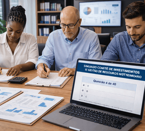 Gestores de recursos e membros do comitê de investimentos realizando simulado de nível intermediário em ambiente corporativo, com análise de documentos financeiros.