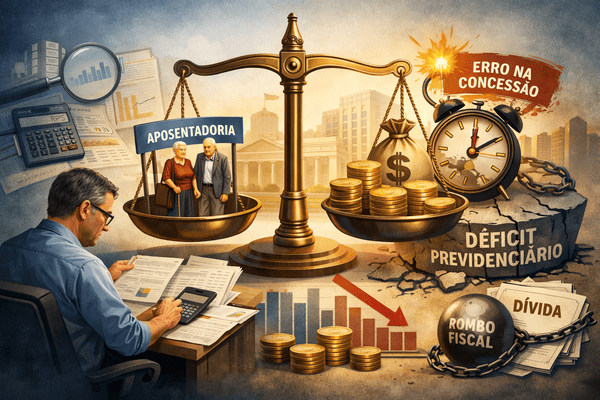 Ilustração simbólica do RPPS mostrando a concessão de benefícios como uma balança entre aposentadoria, recursos financeiros e risco de déficit atuarial.