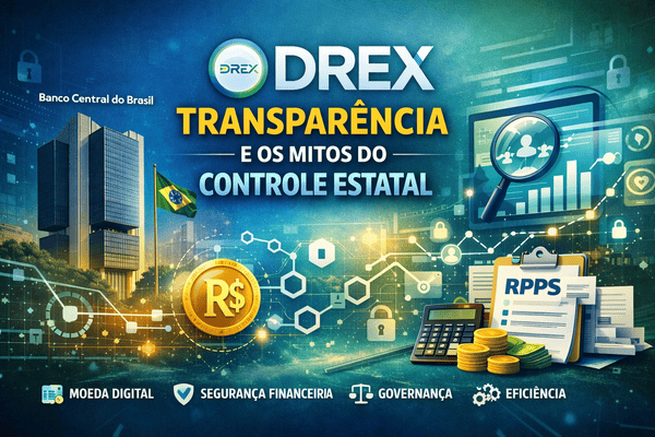 Banner ilustrativo sobre o DREX com prédio do Banco Central, símbolo oficial do DREX, moeda digital, elementos de blockchain e referências a governança e RPPS.
