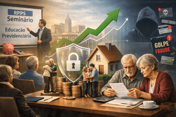 Imagem em formato wide mostrando um seminário sobre RPPS, casal de aposentados analisando documentos financeiros, símbolo de proteção com cadeado sobre moedas e casa ao fundo, gráfico de crescimento e representação de risco de fraudes digitais.