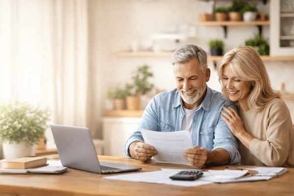 Casal de servidores públicos analisando planejamento financeiro para aposentadoria, com foco em renda futura, organização financeira e preparação no regime próprio de previdência social RPPS.