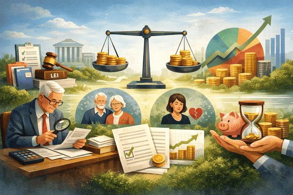 Imagem em formato horizontal mostrando um servidor analisando documentos previdenciários, uma balança com moedas, gráficos de crescimento, casal de idosos, mulher representando pensão por morte, cofrinho e ampulheta, simbolizando a concessão de benefícios no RPPS e o equilíbrio entre direito previdenciário e sustentabilidade financeira.