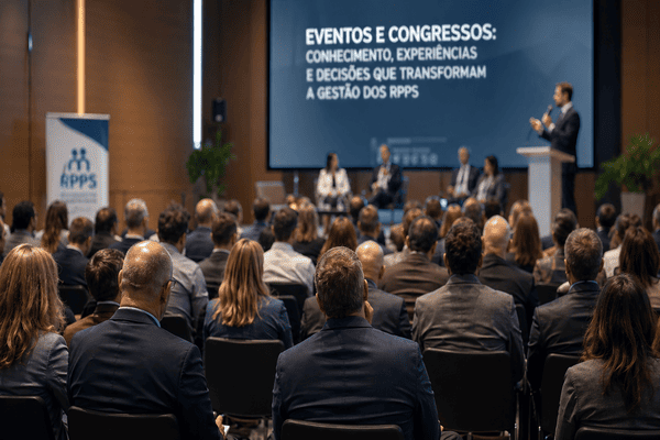 Auditório cheio durante congresso de RPPS, com palestrante no palco, painel de especialistas e público acompanhando apresentação sobre conhecimento, experiências e gestão previdenciária.