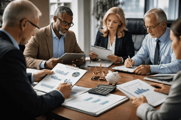 Reunião de governança com conselheiros e profissionais analisando relatórios, gráficos e documentos em mesa de trabalho, representando fiscalização, controle interno e responsabilidade na gestão previdenciária.