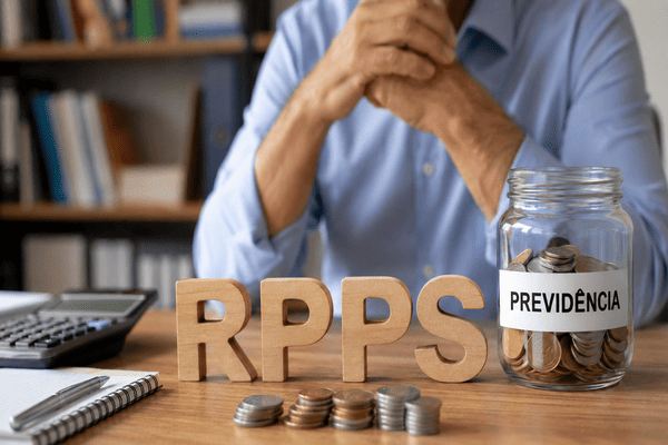 Imagem realista com letras RPPS sobre mesa, moedas, calculadora e pote identificado como Previdência, simbolizando gestão previdenciária, sustentabilidade e responsabilidade institucional.